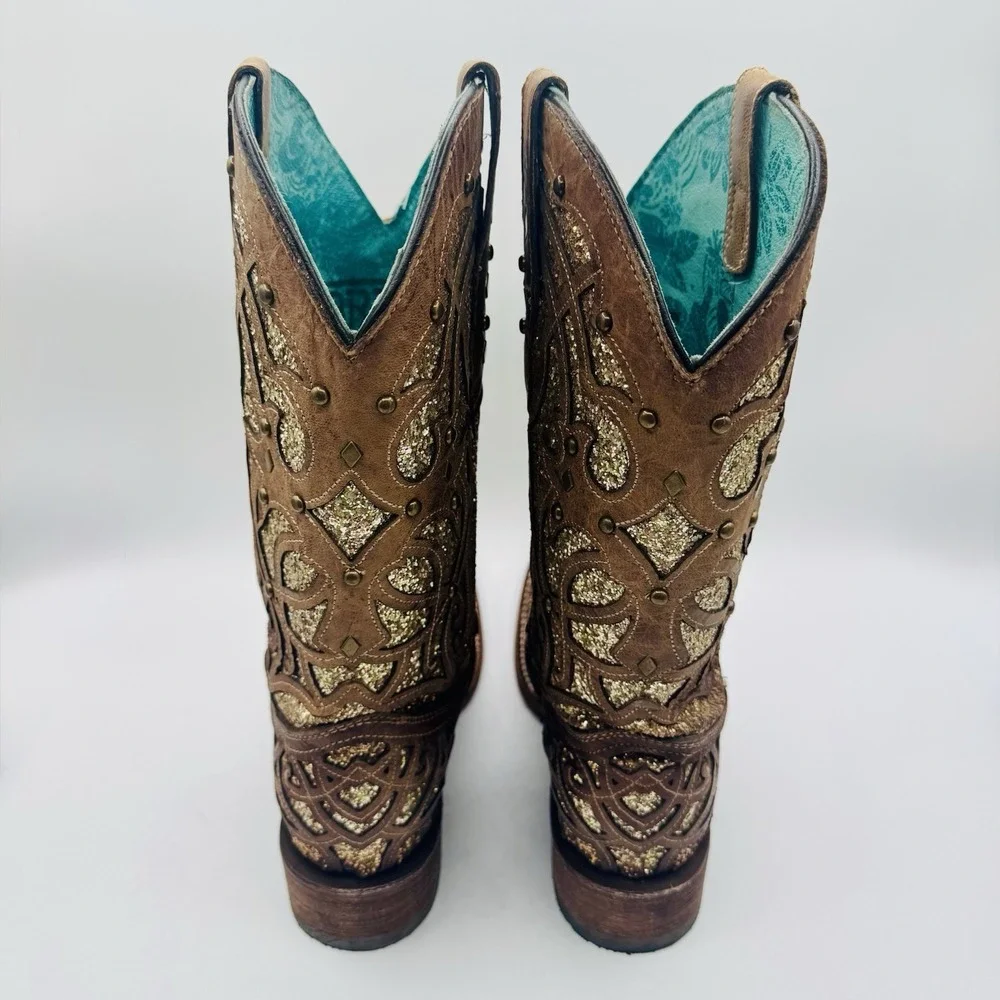 Corral Orix Glitter Inlay‎ Boots Women's Size 11 Brown Leather Gold Studded